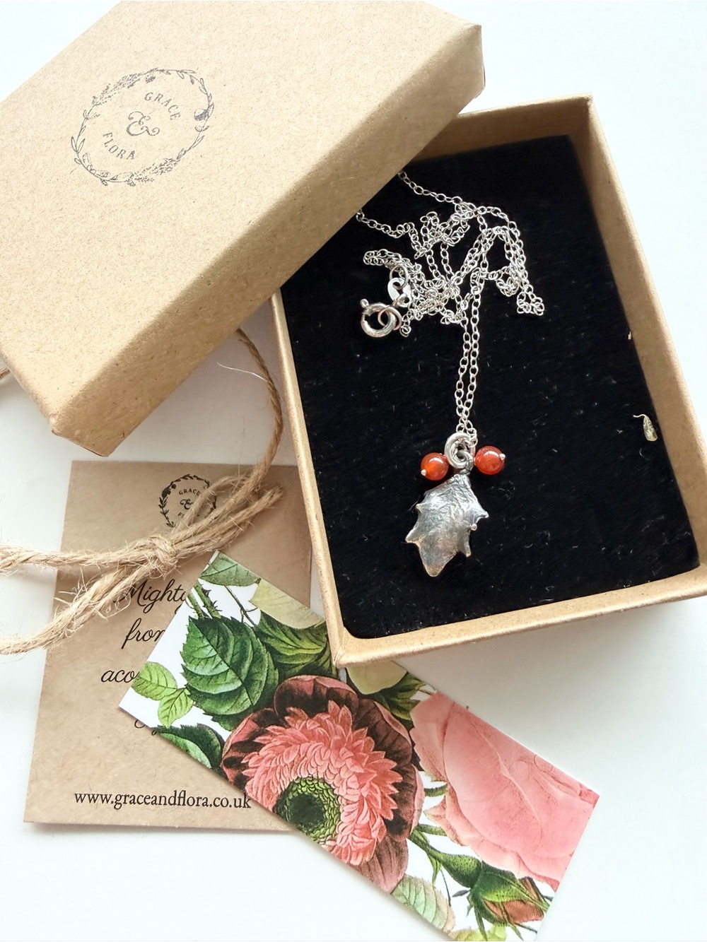 Sterling Silver Christmas Holly Leaf Pendant Necklace with Red Carnelian Beads